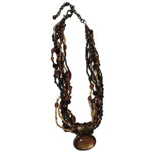 Chicos Amber Pendant Statement Necklace Seed Beaded Brass Tone Multi Strand